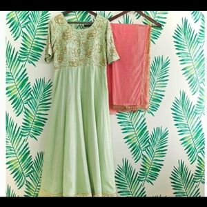 Green and Pink Embroidered Chanderi Silk Anarkali Indian Dress with Chunni